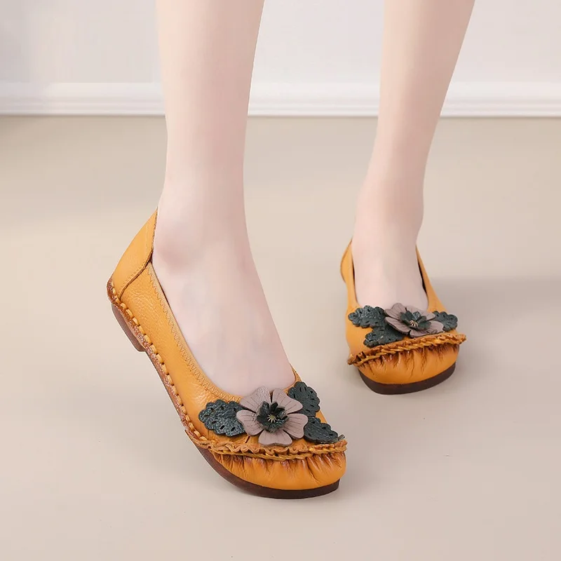 Retro Boho Shoes Women Genuine Leather Loafers Ladies Luxury Flats Ethnic Style Dressy Shoes Women's Cowhide Leather Flat Shoes