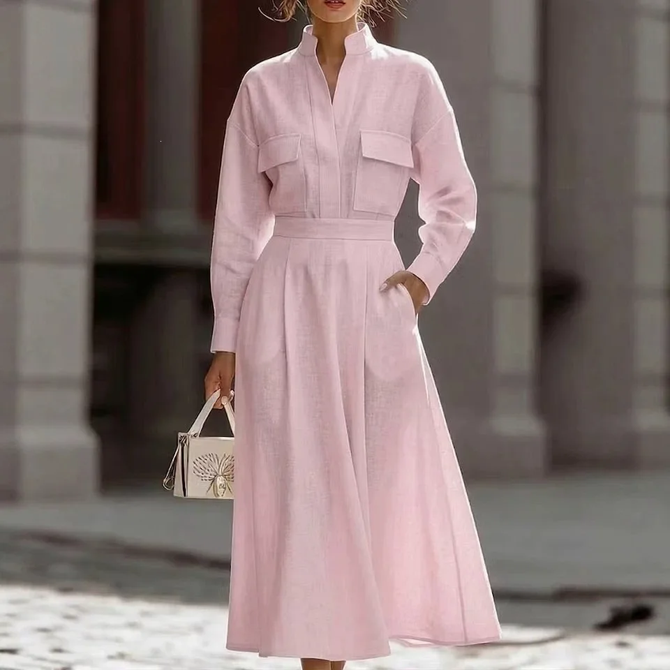 Women's Two Piece Outfit Long Sleeve Shirt And Long Skirt Stand Collar Pocket High Waist Trendy Elegant Commute Casual Suit Set