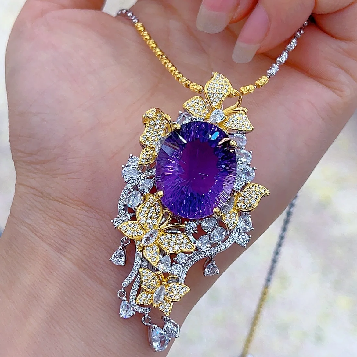 Two-Tone Amethyst Pendant 17x21mm, S925 Silver Plated No Chain Jewelry