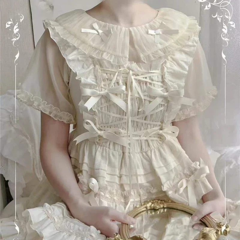 

Рубашка с милым воротником и бантом в стиле Лолиты, винтажные прозрачные блузки в стиле Харадзюку в стиле гранж-феи, лето 2021, эстетические милые топы с рюшами Y2k