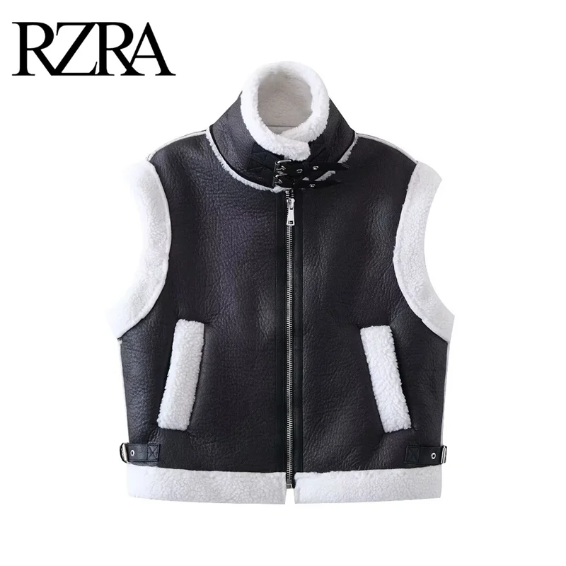 

RZRA new autumn women's European and American style fur integrated polar fleece warm double-sided leather effect vest