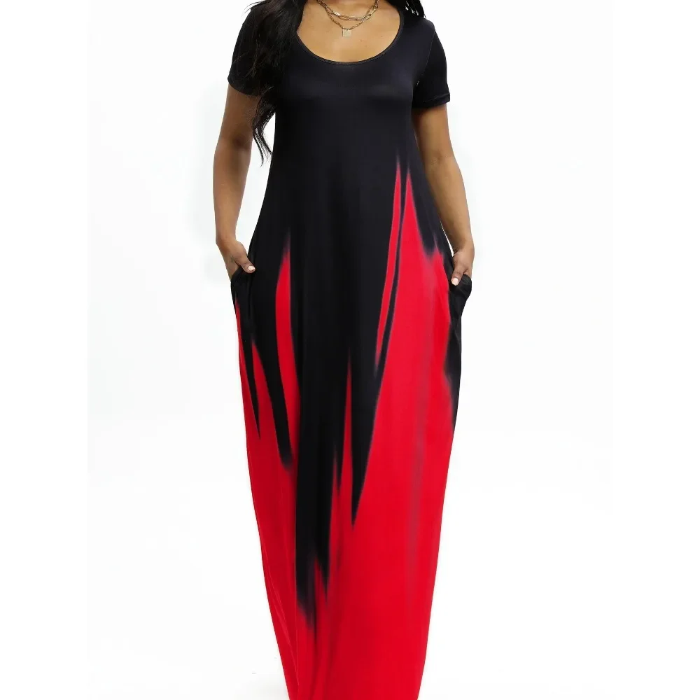 แม็กซี่เดรสแขนกุดยาวผู้หญิงขนาดบวกสีดําถึงสีม่วง Ombre พิมพ์หลวมพอดีคอกลมพร้อมกระโปรงกระเป๋า