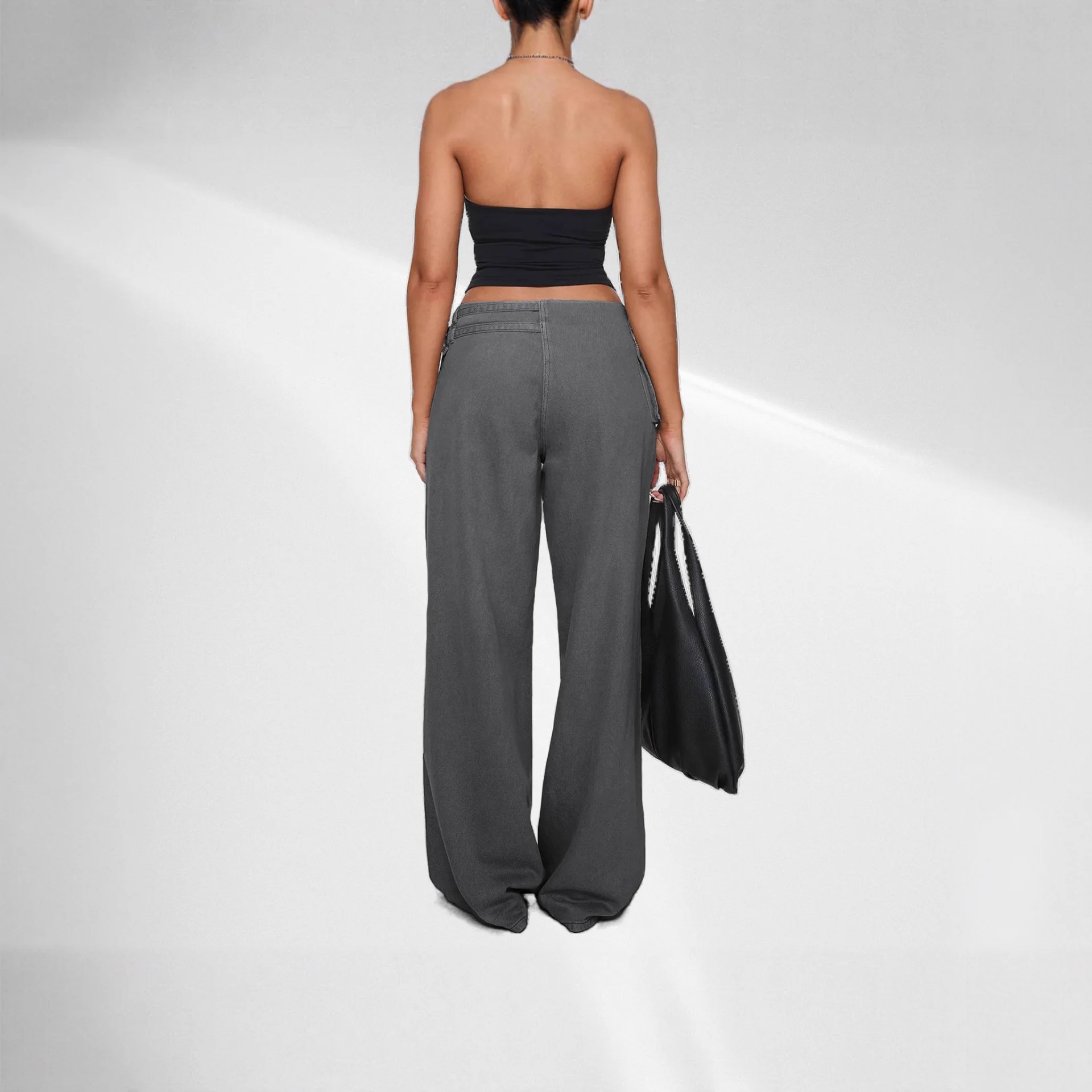 Dark Wide Leg Jeans with Belt Buckle Asymmetric Pockets, Baggy Denim Pants for Women Spring Summer