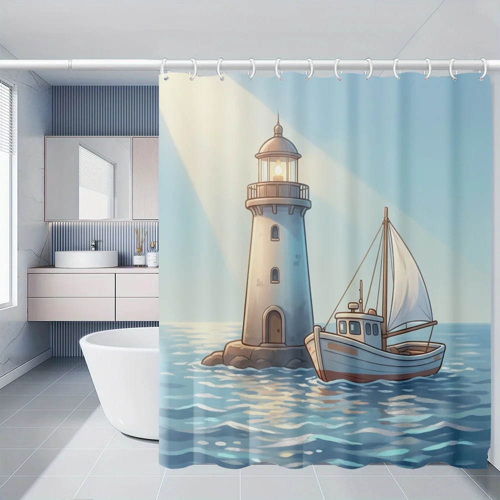 Lighthouse Sailboat Shower Curtain, Nautical Ocean Sea View Print, Coastal Bathroom Decor, Waterproof Polyester Fabric Home Gift