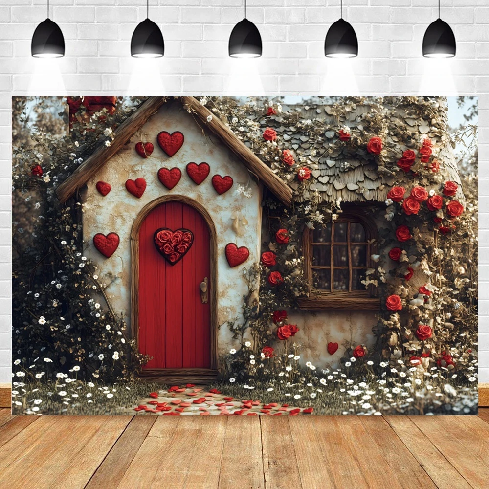 Valentine's Day House Backdrop Flowers Love Heart Wood Door Family Party Baby Kids Couple Portrait Photo Background Photo Studio