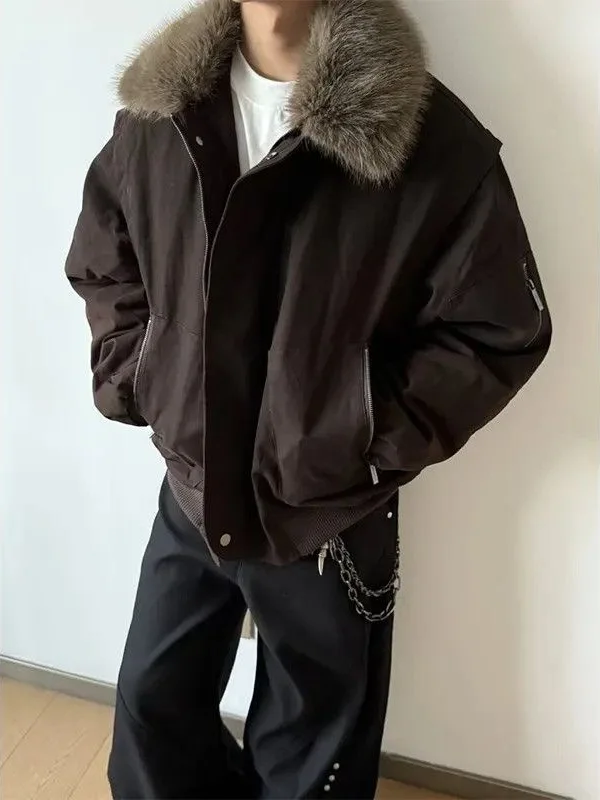 

Warm Thiened Cotton Jaet with Large Fur Collar for Men Street Sle Casual Warmth Youth Faion Ox Cloth Workwear