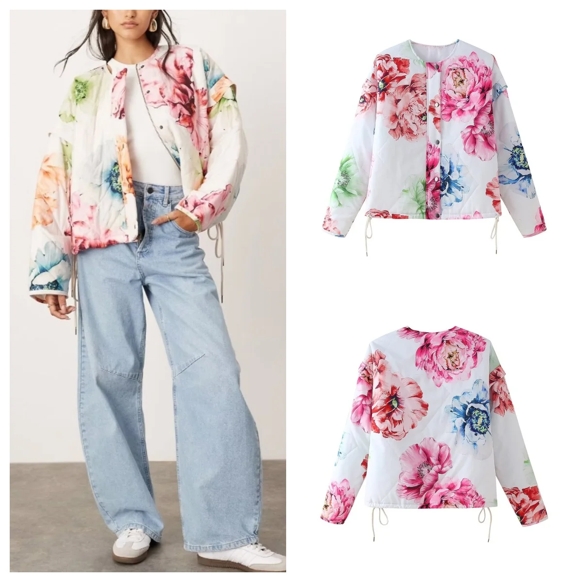 Cross-border autumn and winter new fashion all-match round neck flower print cotton jacket