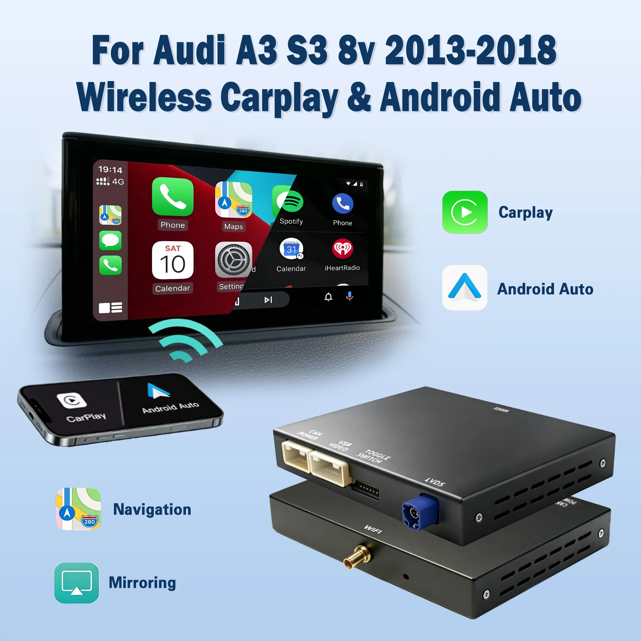 Wireless CarPlay Android Auto Retrofit Kits Fit Audi A3 S3 RS3 8V 2013-2018 MIB Mirror Link AirPlay Bluetooth Nav Reverse Camera