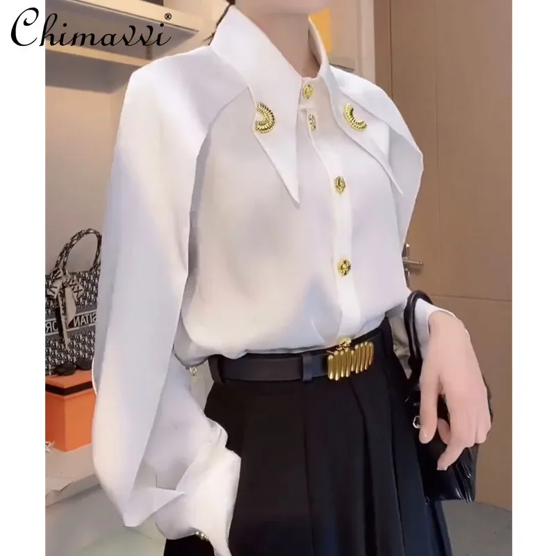 Spring Autumn New Shirt Women's Fashion Commuter Pointed Neck Long Sleeve Design White Shirt Slim Elegant Women's Chiffon Tops