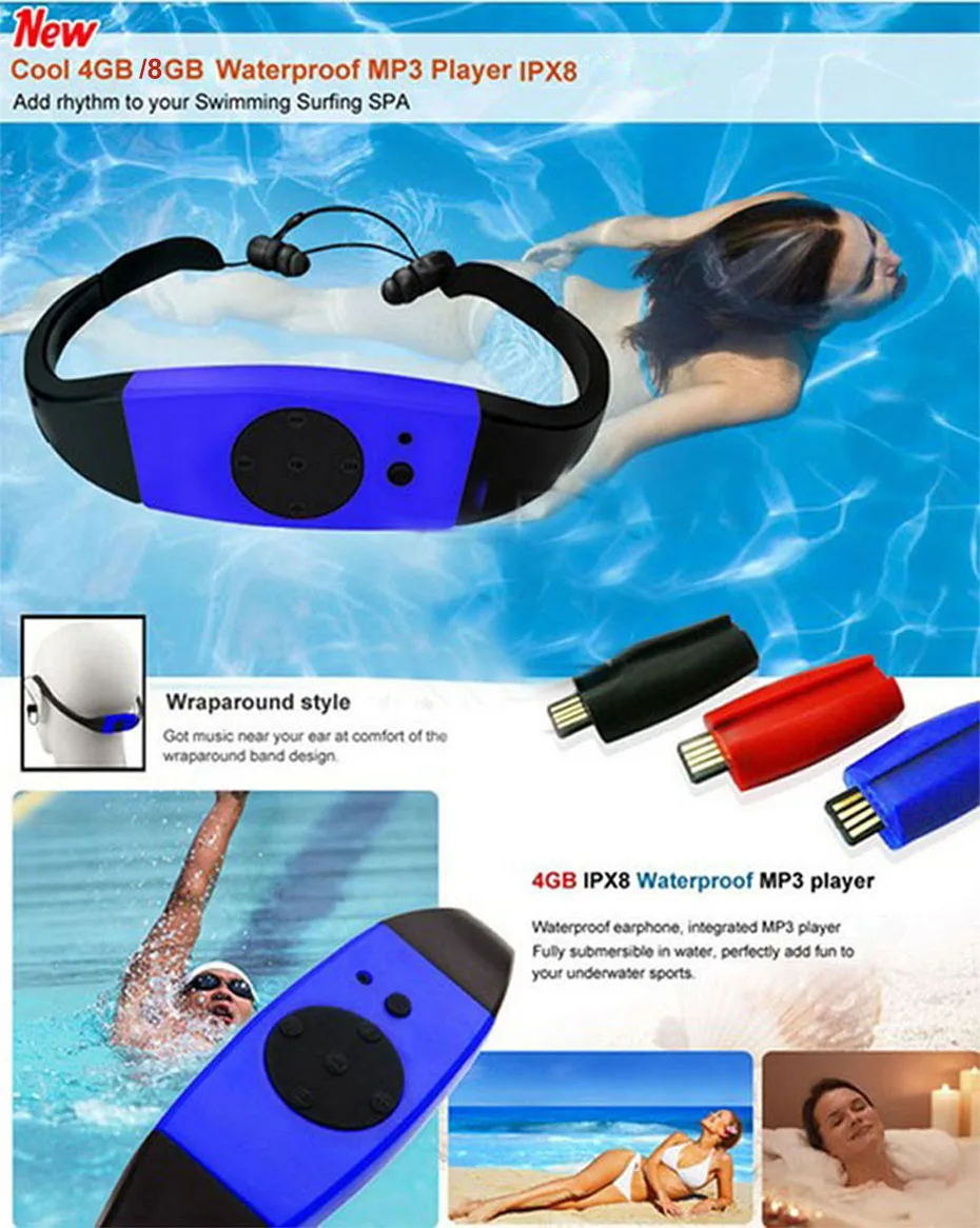 방수 IPX8 MP3 스테레오 사운드 헤드폰, 수영, 서핑, 사이클링 스포츠 헤드셋, 음악 플레이어, 4G, 8G