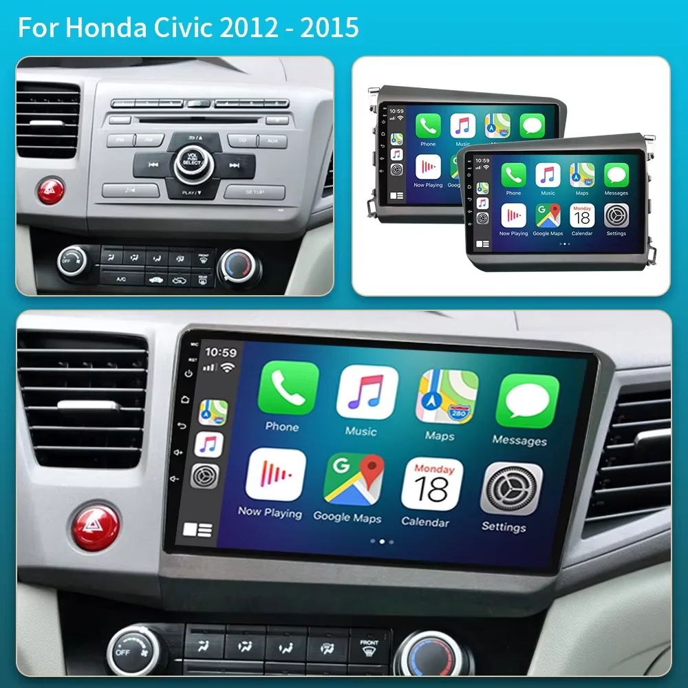 Android 16 Car Radio Multimedia Stereo Video Player with 4G LTE 5G WIFI GPS Navigation QLED for 2012 to 2015 Honda Civic Models
