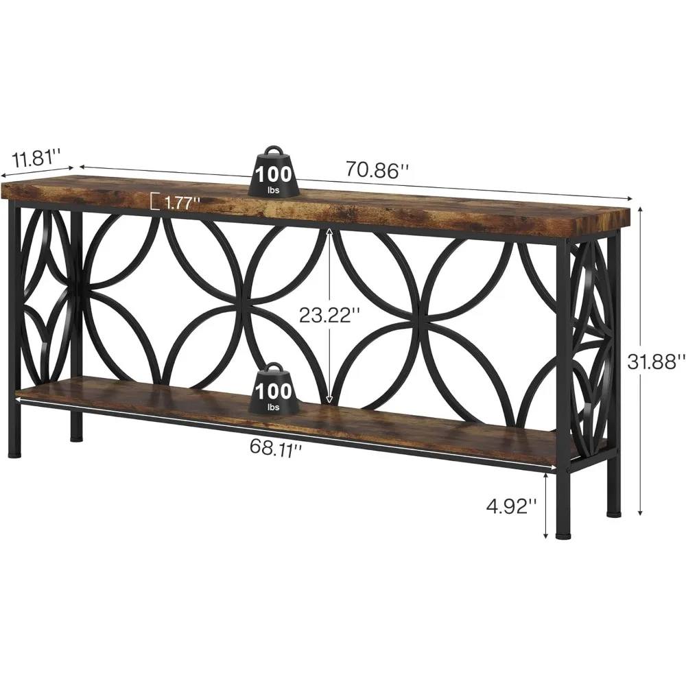 Tavolino da divano stretto da 70,9 pollici, consolle industriale a 2 livelli dietro il divano, tavoli da ingresso lunghi con contenitore per ingresso
