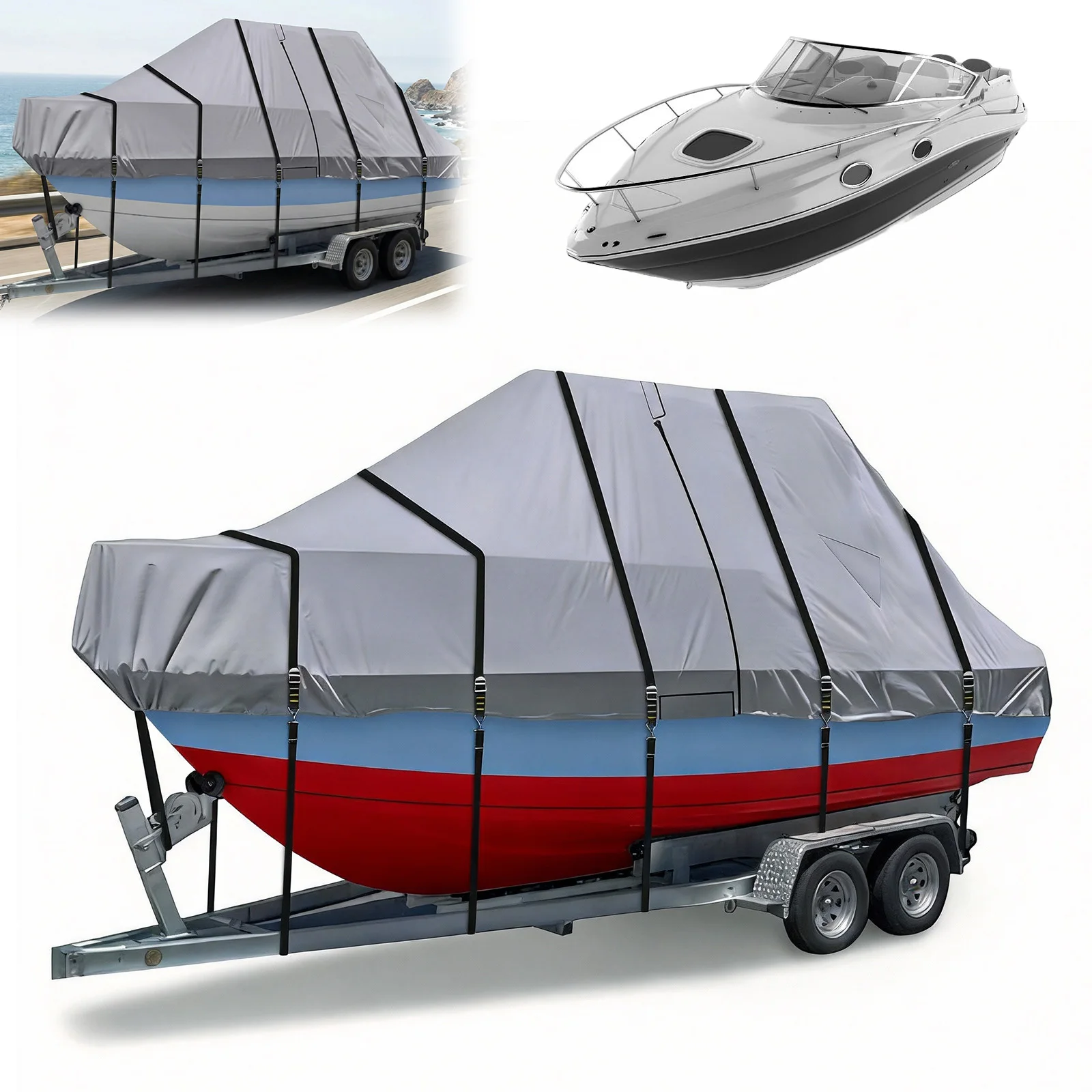 

Чехлы для лодок с центральной консолью 1200D, пригодные для перевозки на прицепе, с защитой двигателя и регулируемой застежкой, 18 ремней для крепления, для защиты крыши