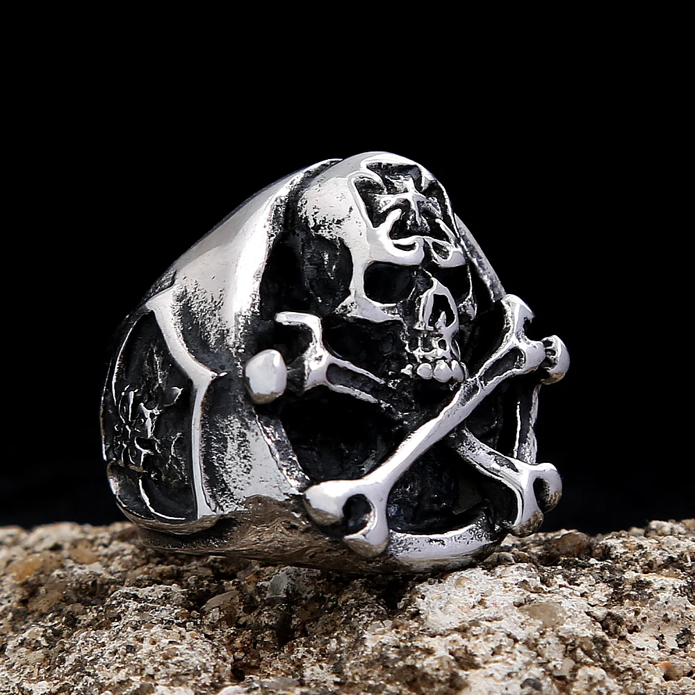 Vintage Men's Iron Cross Crossbones Skull Rings Heavy Stainless Steel Biker Skeleton Skull Rings for Men Punk Gothic Jewelry