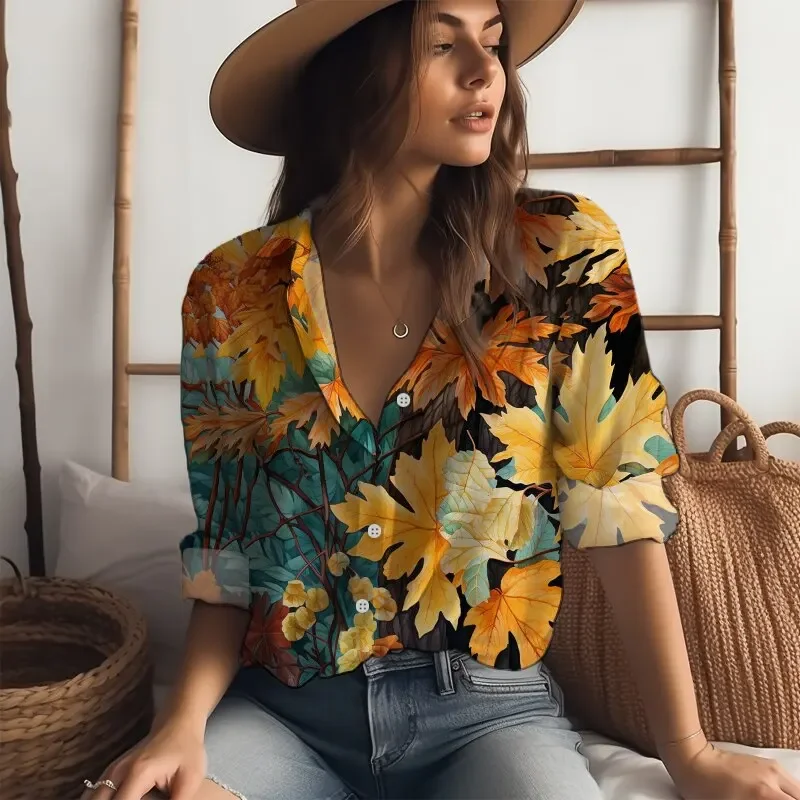 

Flowers And Leaves Plant Printed Women Shirt Fashion Spring Autumn Female Casual Shirt Outdoor Harajuku Long Sleeve Shirt Blouse