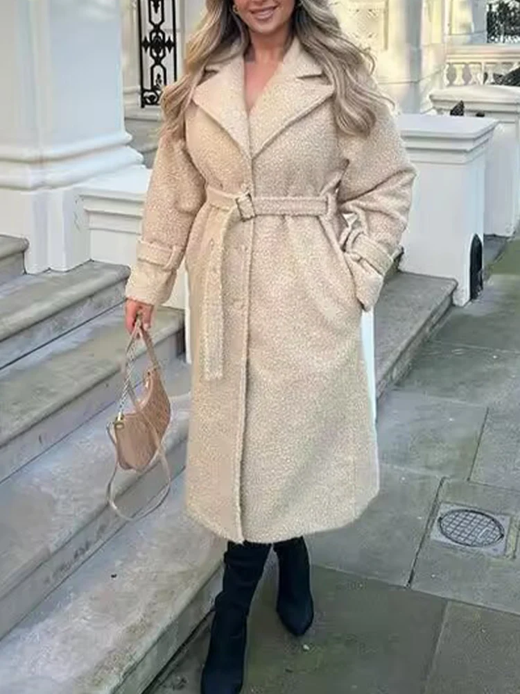 

Новая женская одежда в европейском и американском стиле на осень и зиму, модное и простое базовое шерстяное пальто с длинными рукавами и галстуком