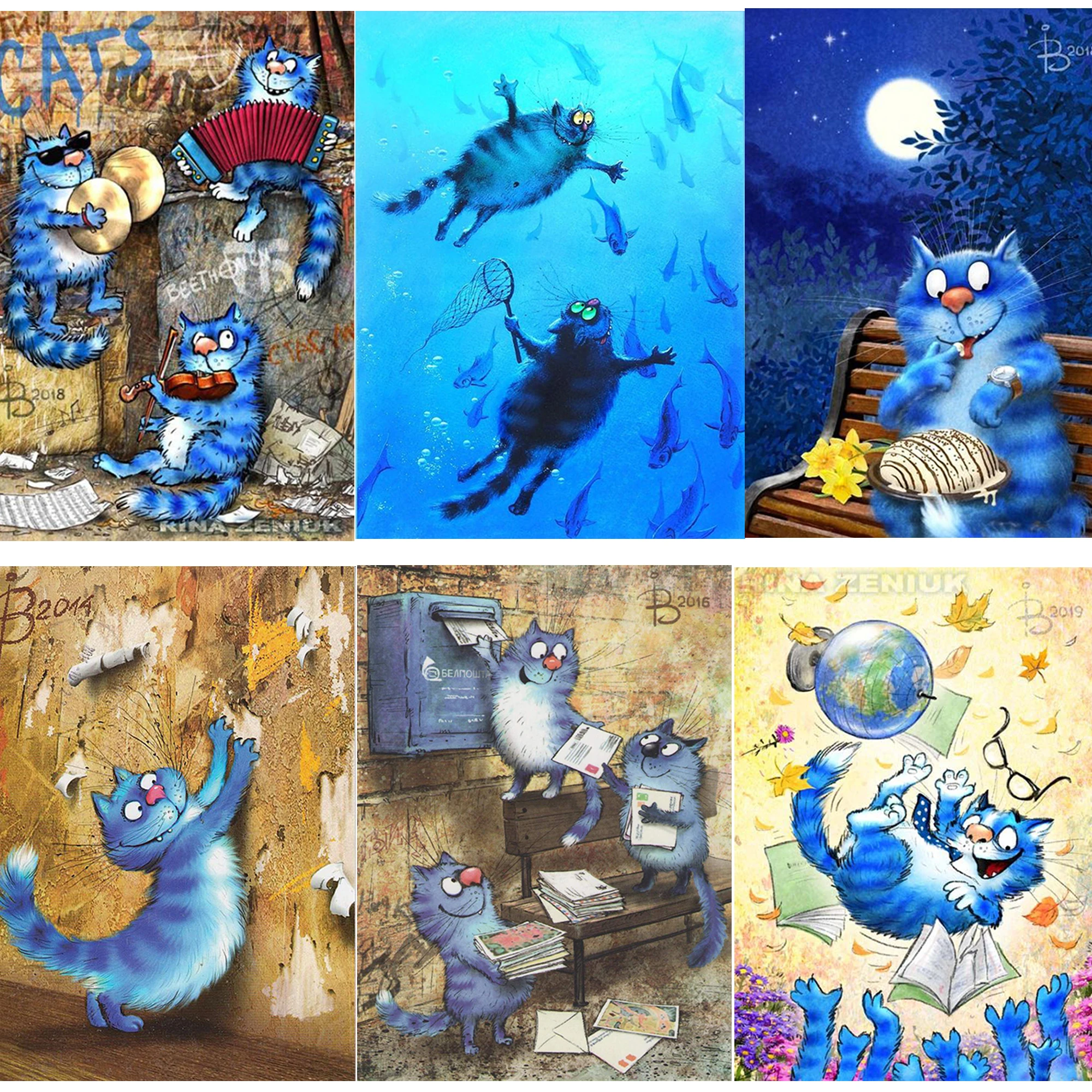 cross language Cartoon blue cat Painting by numbers Stamping paint home decor canvas painting Supernatural Gift pictures