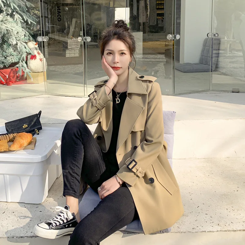 

Women Trench Coat 2025 Autumn New Slim Fit Waist Long Coat Small Size Office Wear