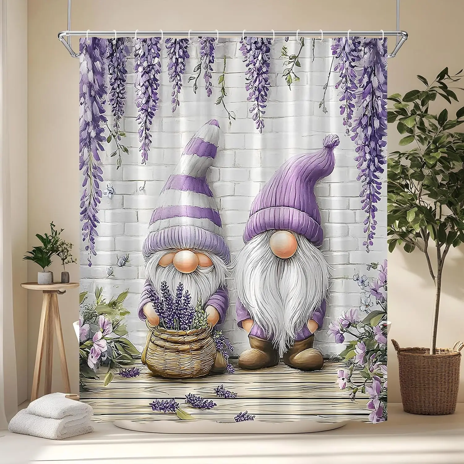 

Funny Gnome Shower Curtain Purple Flower Farmhouse Wisteria Lavender Rustic Floral Spring Garden Cute Dwarf Vintage Romantic