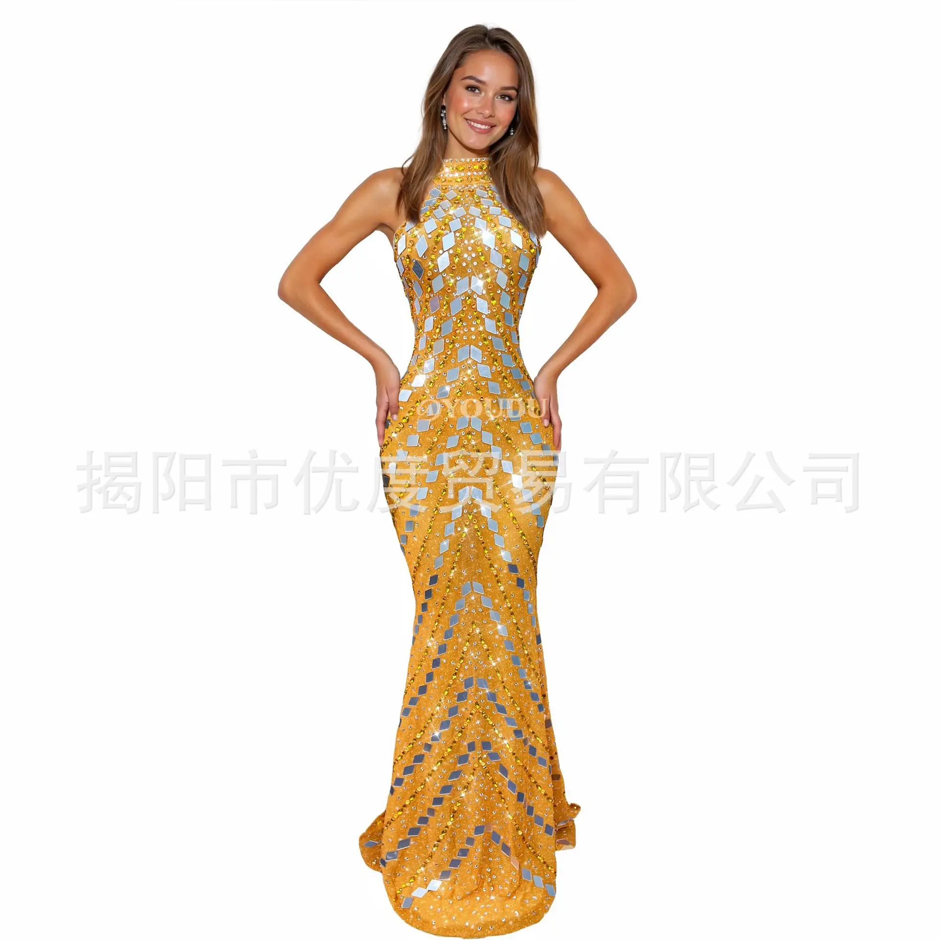 Orange Sleeveless Evening Dress Trailing Silver Lenses Rhinestone Shiny Dress Birthday Party Outfit Orange Vestido Festa Luxuoso