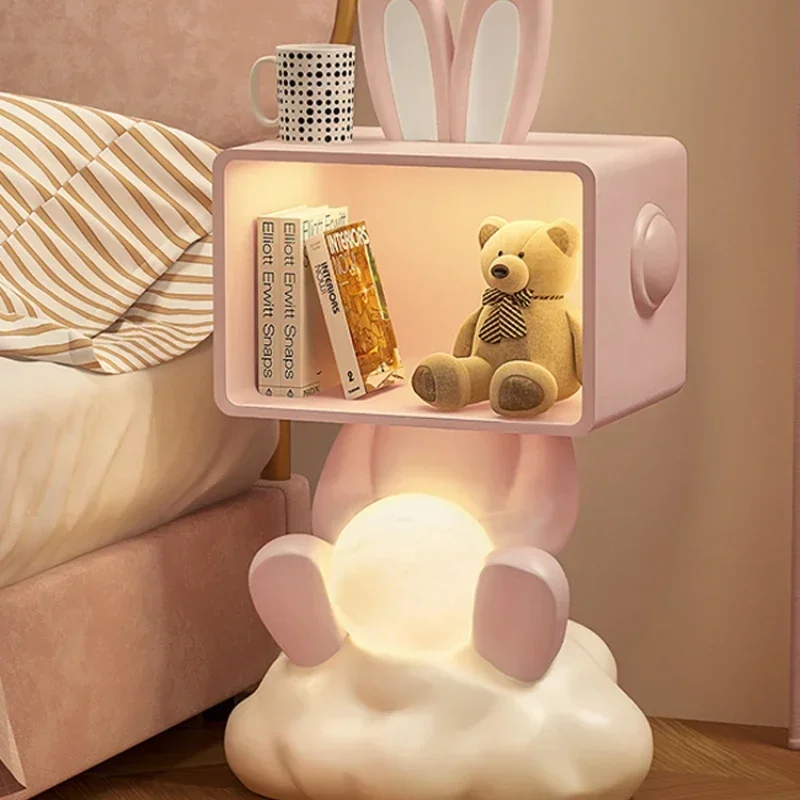 Creative children's room bedside table floor lamp integrated cartoon cute rabbit side small girl bedroom shelf