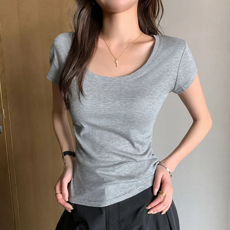Women's U-Neck Short Sleeve T-Shirt Lyocell Slim Fit Basic Tee Summer Casual Versatile Base Layer Soft Breathable Pullover Top