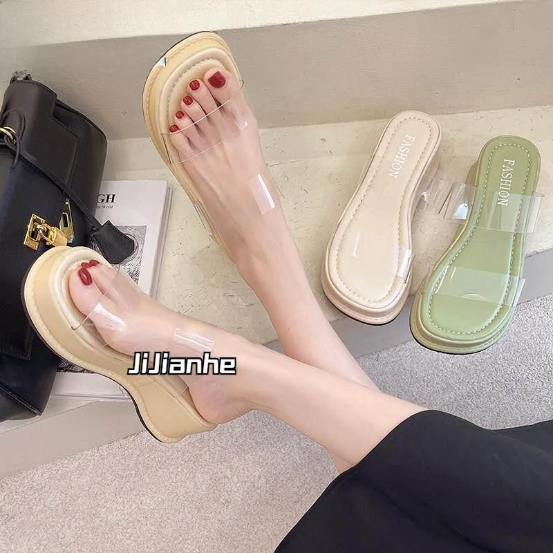 Thick Heel Platform Slippers Women Summer Outdoor Wear Fairy Style Transparent Sandals High Heel Slip-On Shoes Breathable Rub...