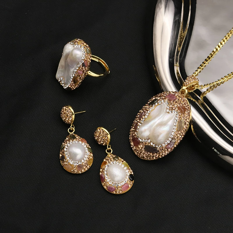 Natural Baroque Pearl Pendant Tourmaline Necklace Earring Ring Elegant Women'S Sets 18K Gold Plated Jewelry For Women Gifts