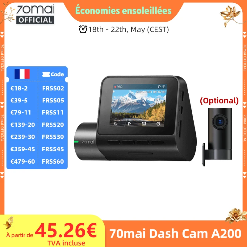 Caméra embarquée 70mai A200 double canal, enregistrement 1080P HDR, écran IPS 2'', surveillance de stationnement 24H, DVR voiture 70mai A200 WIFI APP 130° °   FOV