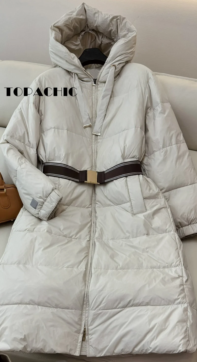 8.31 TOPACHIC-Women Quilted Sashed Collect Waist Long Down Jacket Hooded Keep Warm Double Zipper Goose Down Thick Outerwear