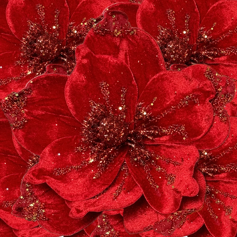 1/10 قطعة بريق اصطناعي زهور عيد الميلاد البونسيتة الحمراء شجرة عيد الميلاد معلقة حلية بريق ماغنوليا ورد صناعي حفل زفاف #1