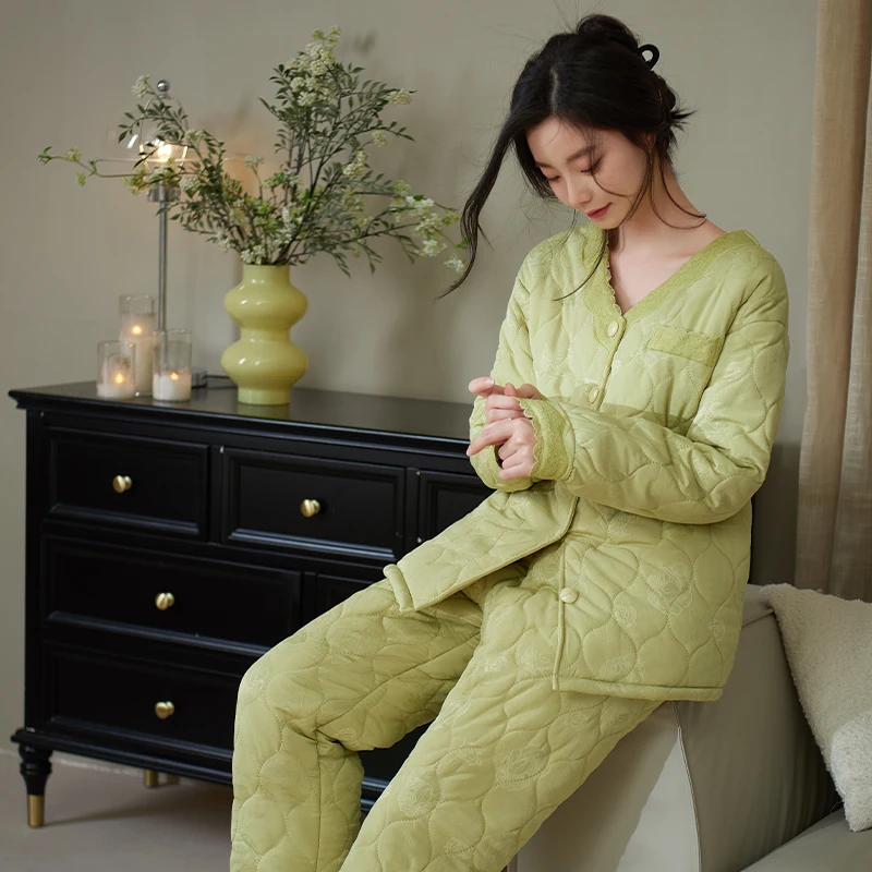 Female Winter Warm Pajama Set Ice Silk Jacquard 3 Layers Thick Flannel Quilted Sleepwear V-Neck Home Wear Clothes Suit For Women