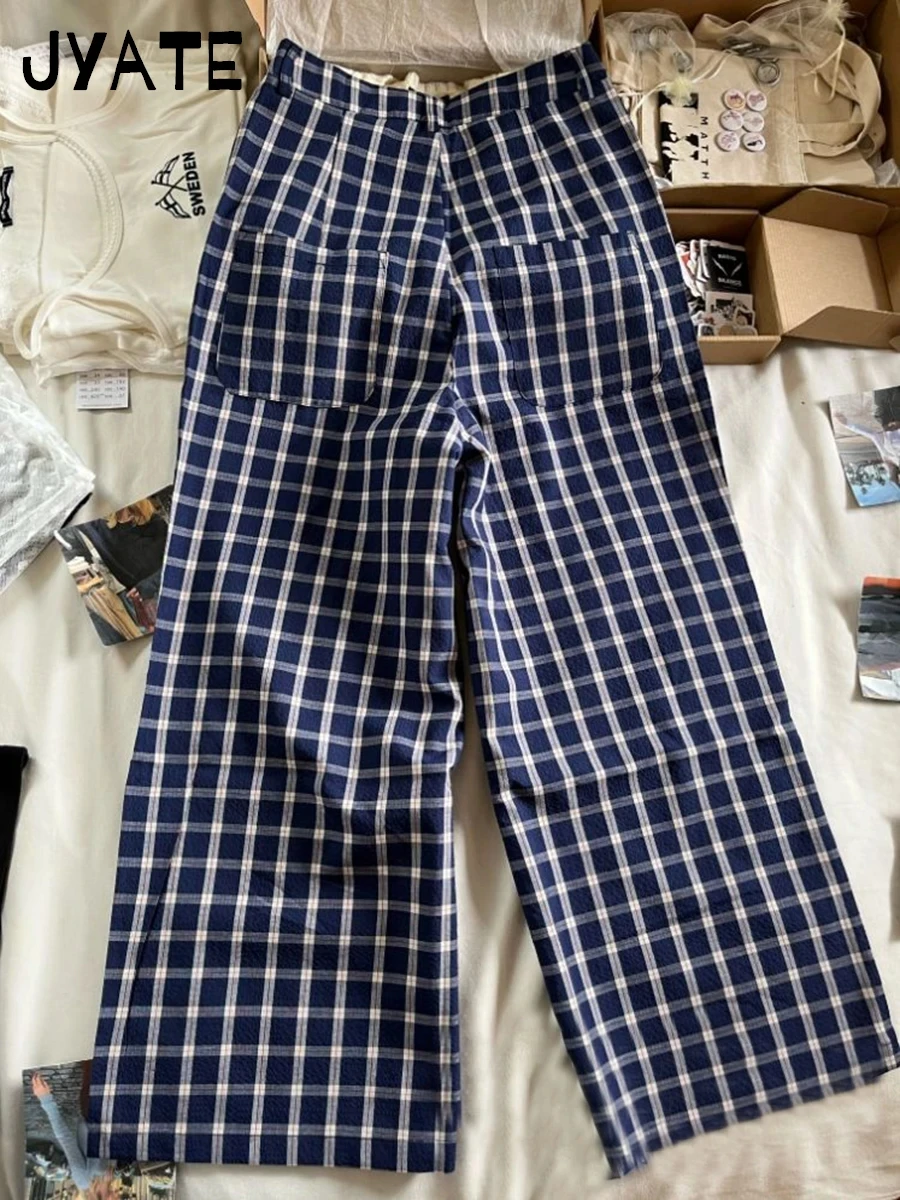 American Blue Plaid Straight Long Pant Women New Casual Buttons High Waist Pockets Loose Trousers Vintage Casual Baggy Pants Y2K