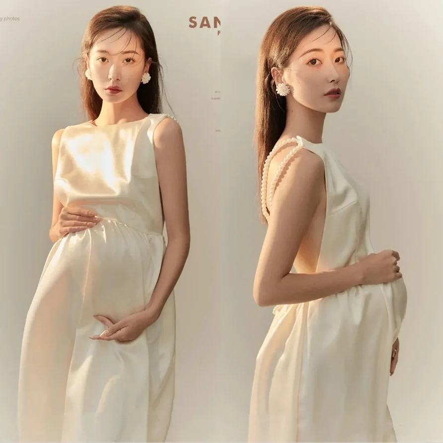 Korean Cute Women Photography Props Maternity Dresses Fashion Pearl Pregnancy Studio Shoots Photoshoot Photo Outfits