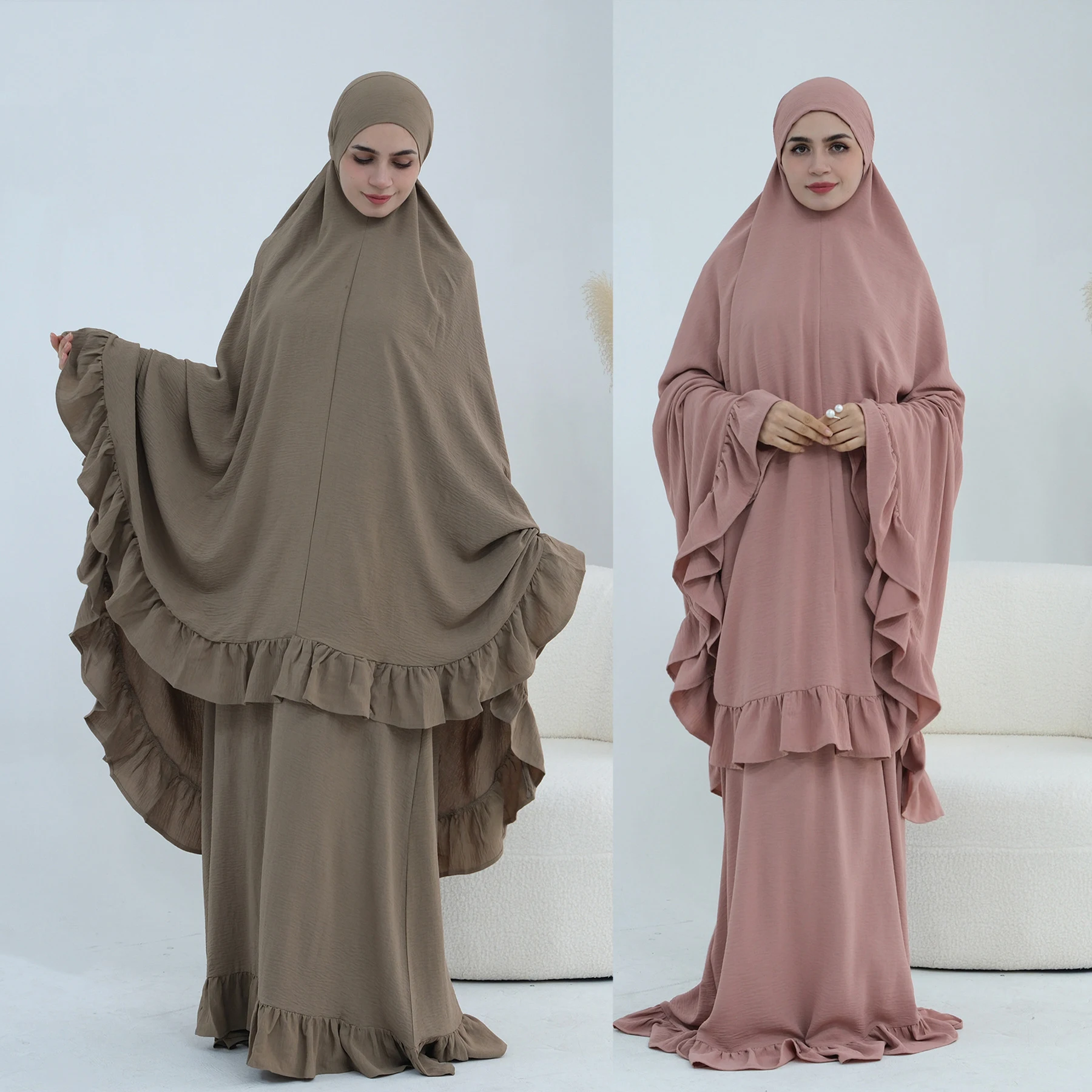 

Ruffle Hem Abaya Two Piece Set For Women Modest Muslim Prayer Dress Long Sleeve Hijab Jilbab Kaftan Ramadan Eid Outfit