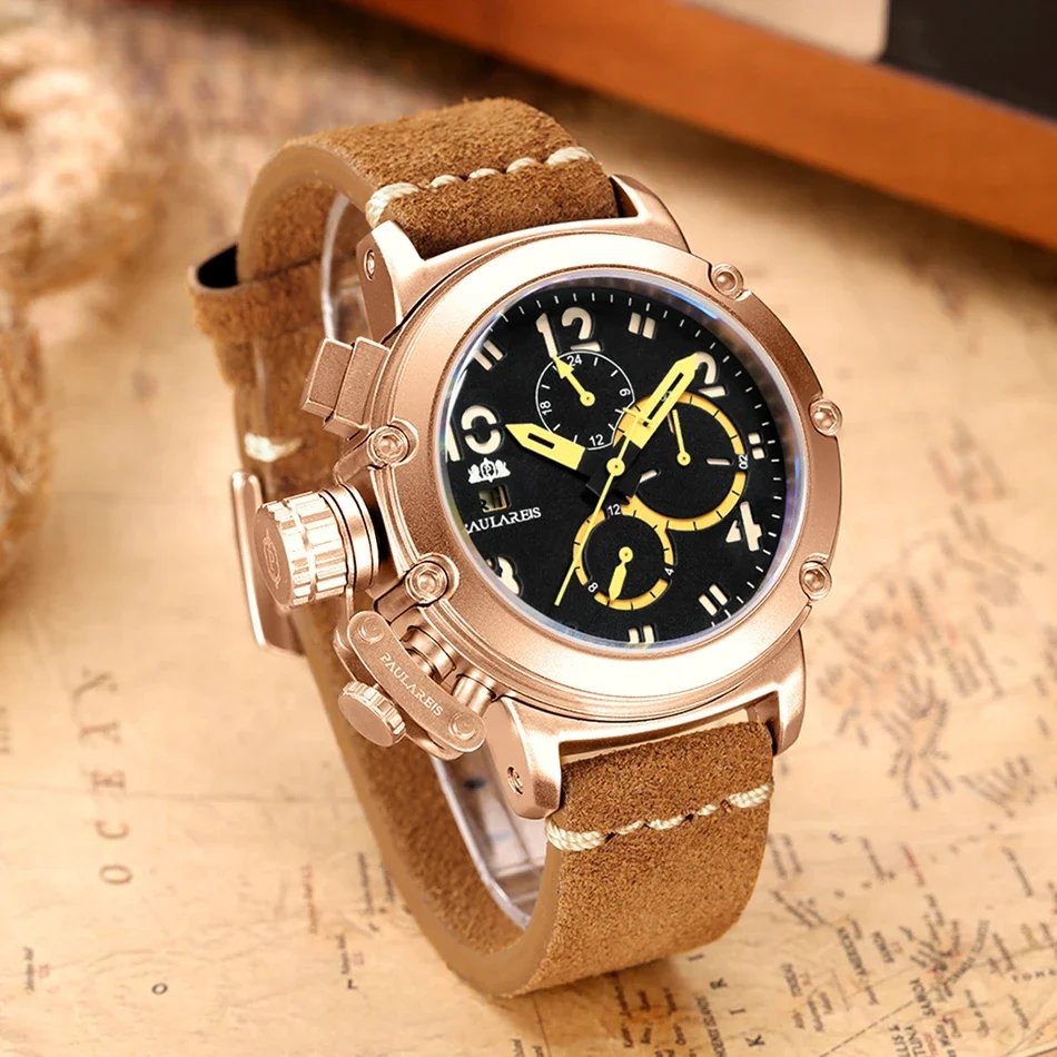 Reloj mecánico automático para hombre, de cuero genuino, multifunción, con fecha, barco, mes, oro, bronce, U, moda