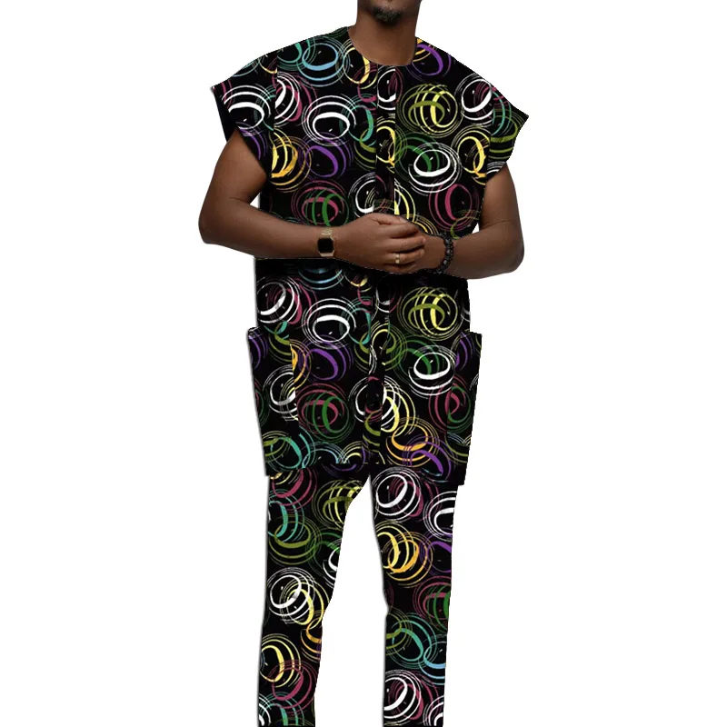 Original Design African Clothes Men\'s Set Jerkin Tops With Pant Nigerian Fashion Wax Print Custom Size Wedding Party Wear