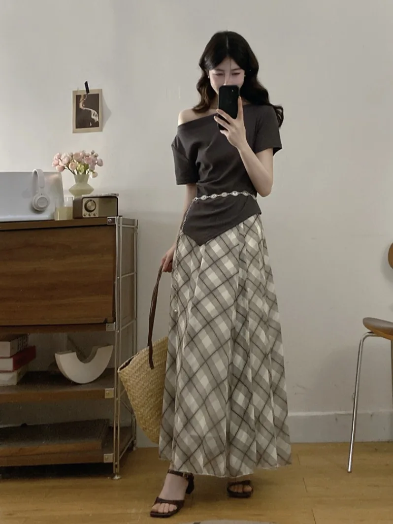 

plus Size Women's Korean Style T-Shirt And High Waist Skirt Set Summer Plaid Short Sleeve Casual Fashion plus Size Clothes