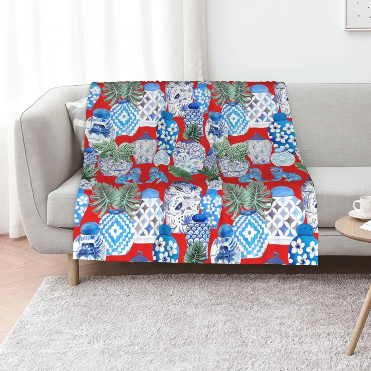 ginger jars in blue and white porcelainand foo dogs on red with palms Throw Blanket Plaid warm for winter Blankets