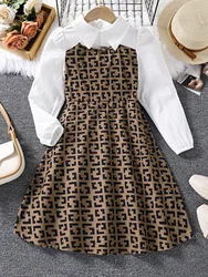 Girls Dresses Spring And Autumn British Style Shirt Long Sleeve Splicing Plaid Princess Dress (Without Belt)