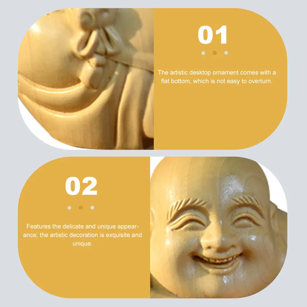 Solid Wood Carved Maitreya Buddha Adornment Exquisite Handcrafted Yellow Poplar Desktop Ornament Space Saving Flat Bottom Stable