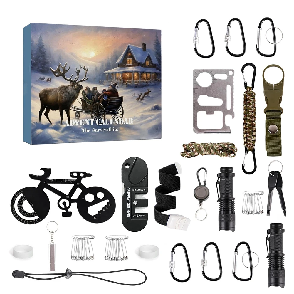 Survival Kit Advent Calendar 2024 Christmas Countdown Calendar 24 in 1 Survival Tools Advent Calendar for Men Teenagers Boys