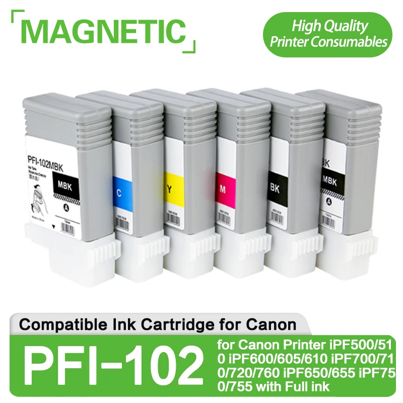 5Color PFI-102 Ink Cartridge for Canon Printer iPF500/510 iPF600/605/610 iPF700/710/720/760 iPF650/655 iPF750/755 with Full ink