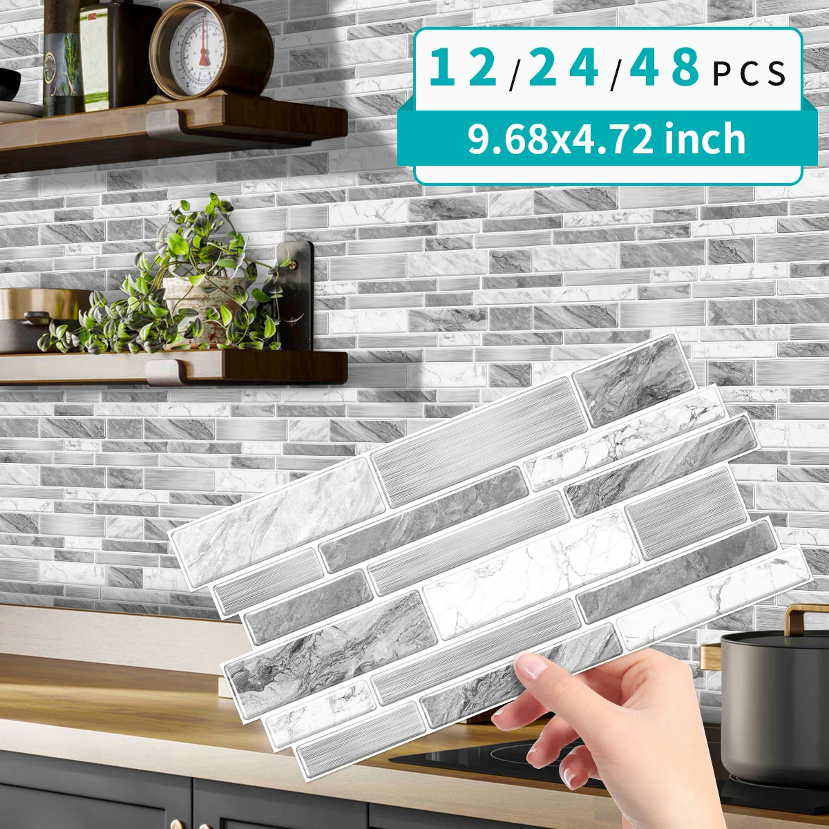 12/24/48pcs Marble Splicing Tile Stickers Irregular Wall Stickers Self-Adhesive Waterproof And Oil Resistant Kitchen Home Decor