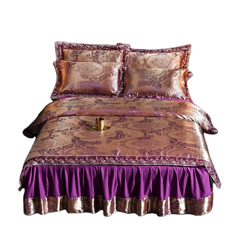 European-style Summer Plant Printed Lace Jacquard Four-piece Bed Sheet Pink Washed Ice Silk Bedding Sets Bed Skirt Set
