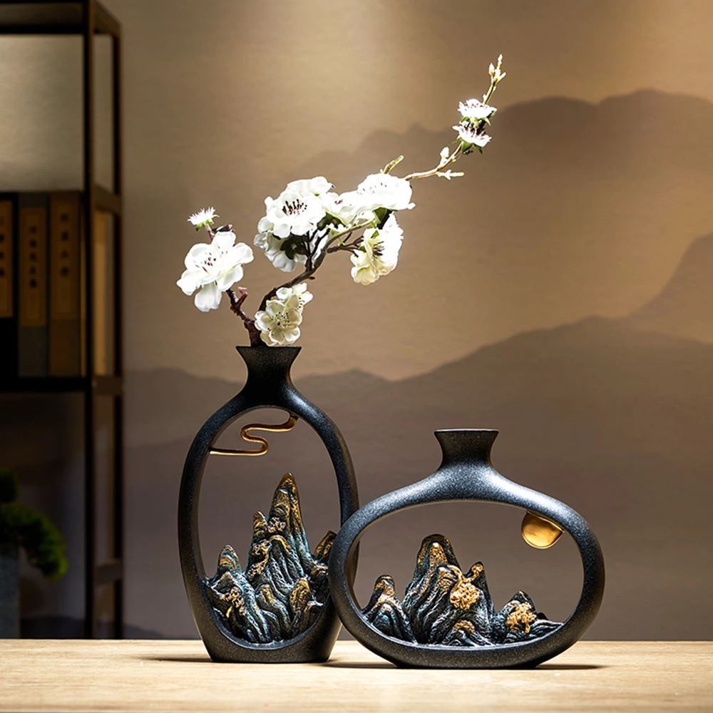 Resin Vase Table Decoration & Accessories Home Decoration Luxury New Chinese Style Mountain Scenery Vase Decoration