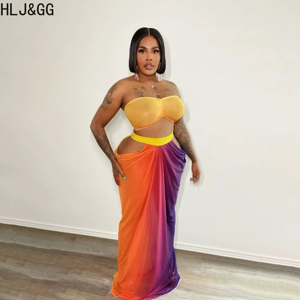 HLJ&GG Summer New Beach Style Print Skirts Two Piece Sets Women Sleeveless Backless Tube+Hollow Skirt Outfits Clothing Not Scarf