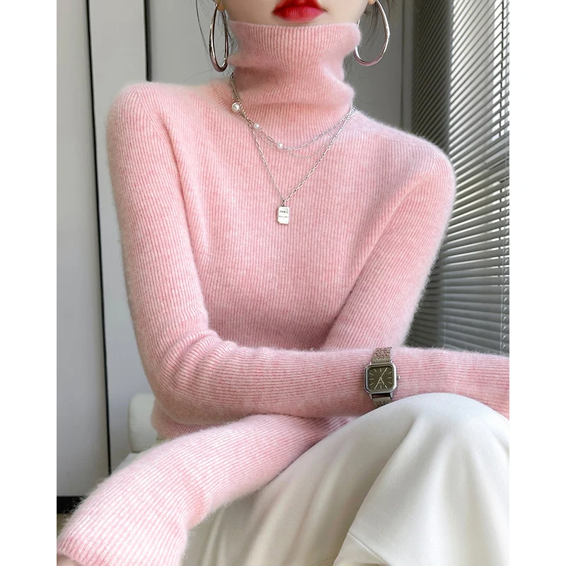 Élégant coréen col roulé coupe ajustée Simple femmes tricoté pull automne hiver mode décontracté polyvalent doux dame hauts pullover