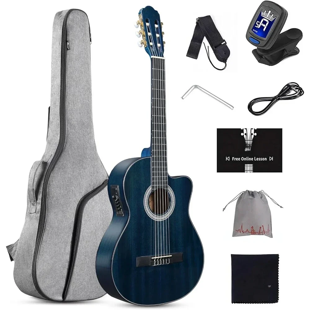 

39 Inches Cutaway Nylon-string Classical Electric Guitar Build-in Pickup Kit Set Blue Acoustic Professional Stringed Instruments