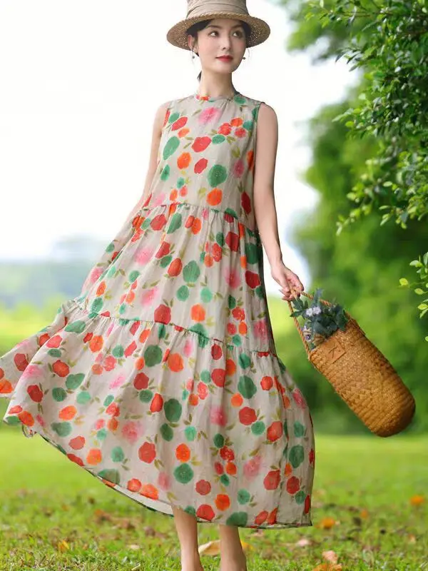 

Women Artistic Ramie Printed Sleeveless Double Layer Bohemian Long Dress Ladies Summer Vintage Loose Cotton Floral Dress X980